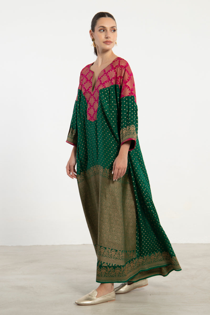 One-Of-a-Kind Rania Handwoven Silk Green & Fuchsia Dress