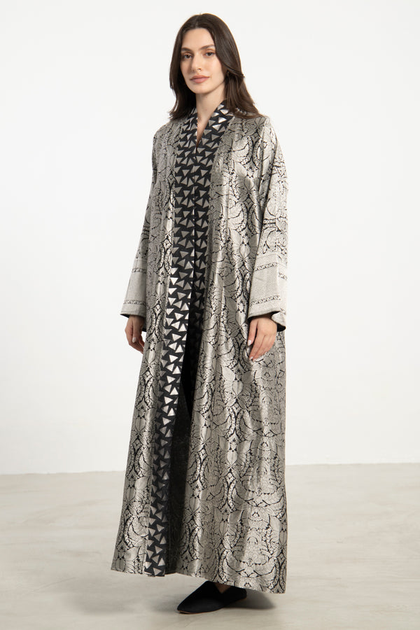 Rim Silk Brocade Silver Abaya