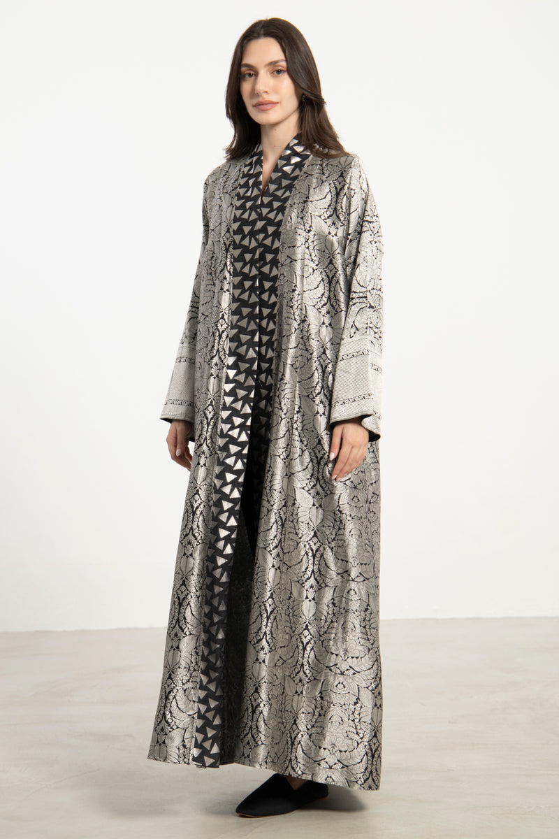 Rim Silk Brocade Silver Abaya