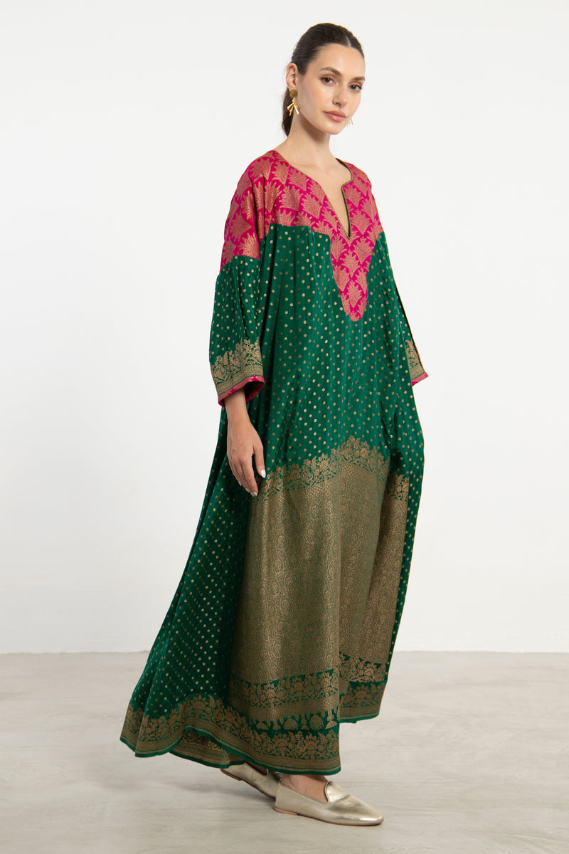 One-Of-a-Kind Rania Handwoven Silk Green & Fuchsia Dress