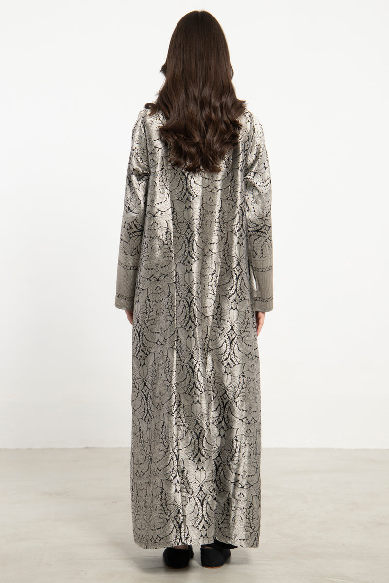 Rim Silk Brocade Silver Abaya