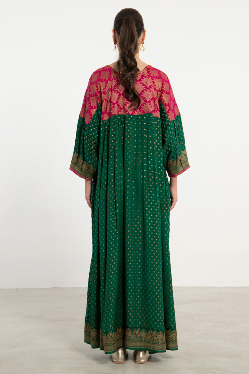 One-Of-a-Kind Rania Handwoven Silk Green & Fuchsia Dress