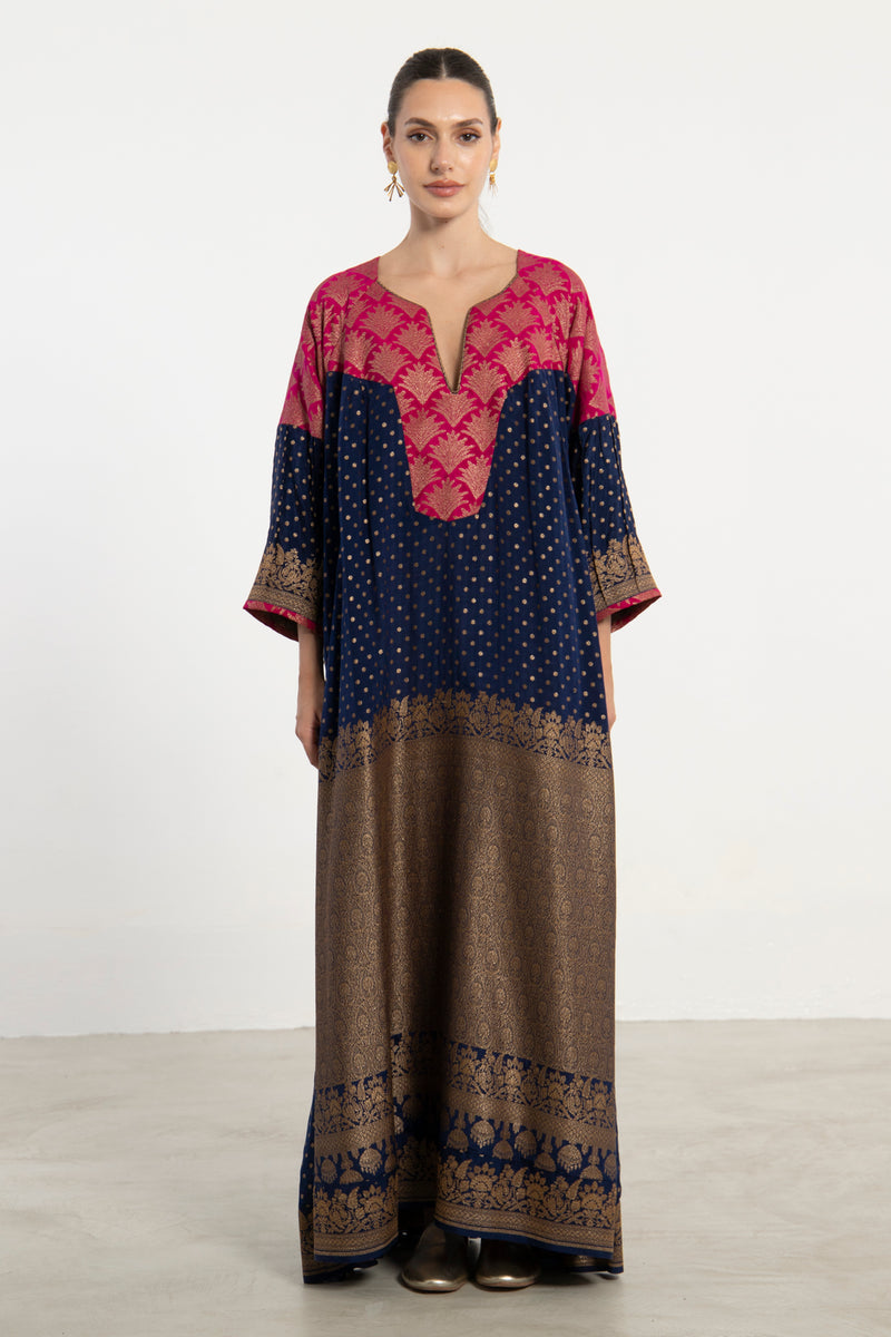 One-Of-a-Kind Rania Silk Navy & Fuchsia Dress