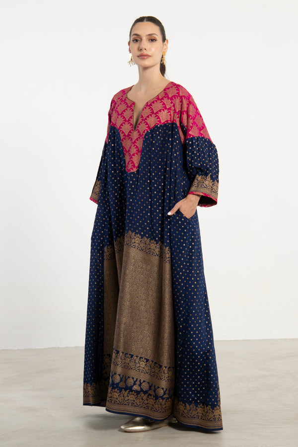 One-Of-a-Kind Rania Silk Navy & Fuchsia Dress