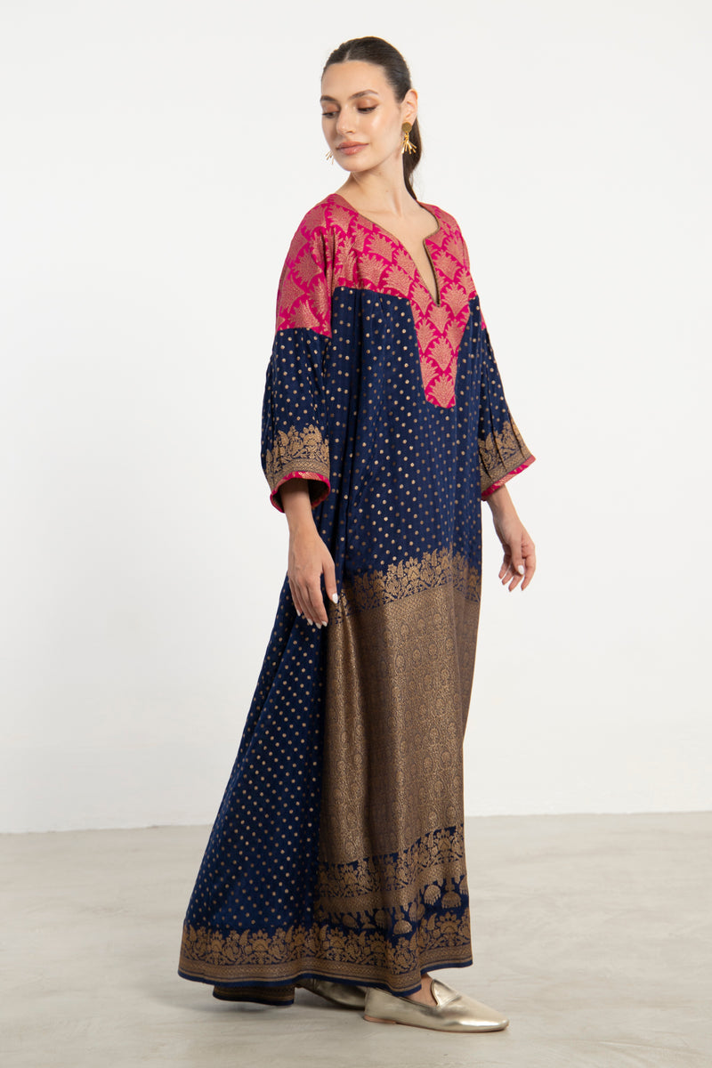 One-Of-a-Kind Rania Silk Navy & Fuchsia Dress