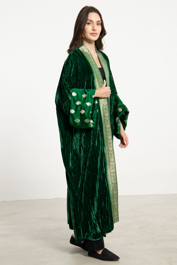 Maliha Crushed Velvet Green Abaya
