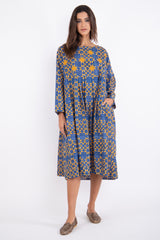 Samar Cotton Blue & Yellow Arabesque Dress