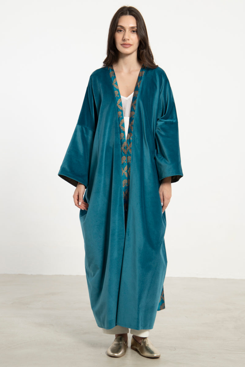 Kim Velvet & Silk Brocade Blue Abaya