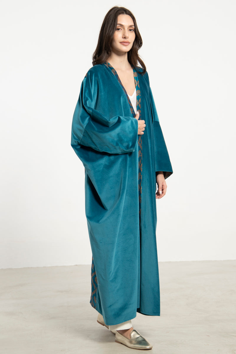 Kim Velvet & Silk Brocade Blue Abaya