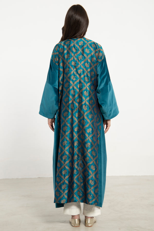 Kim Velvet & Silk Brocade Blue Abaya