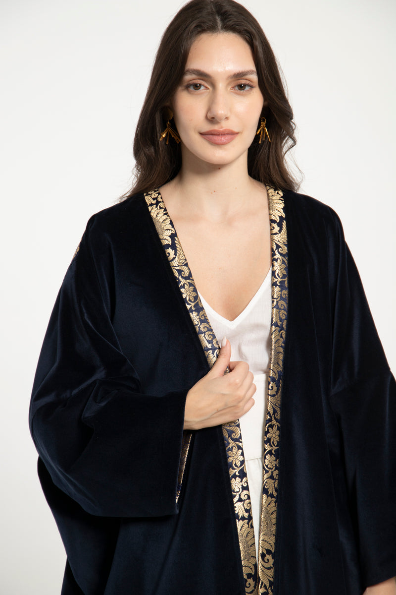 Kim Velvet & Silk Brocade Navy Abaya