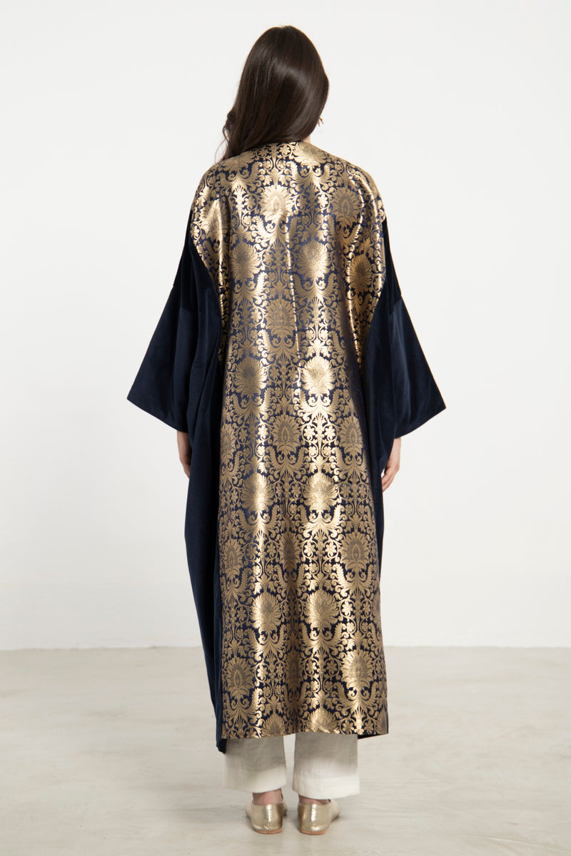 Kim Velvet & Silk Brocade Navy Abaya
