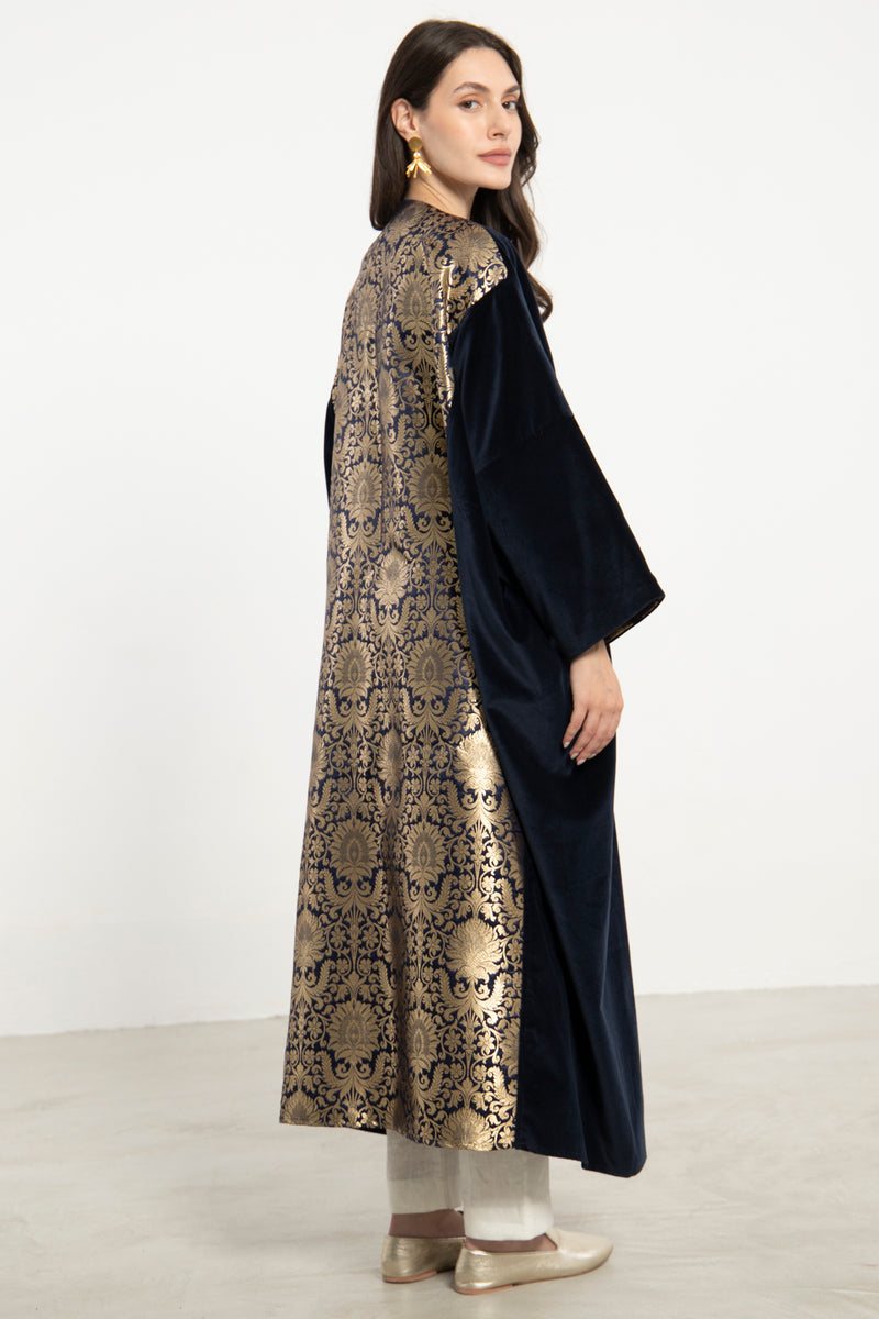 Kim Velvet & Silk Brocade Navy Abaya