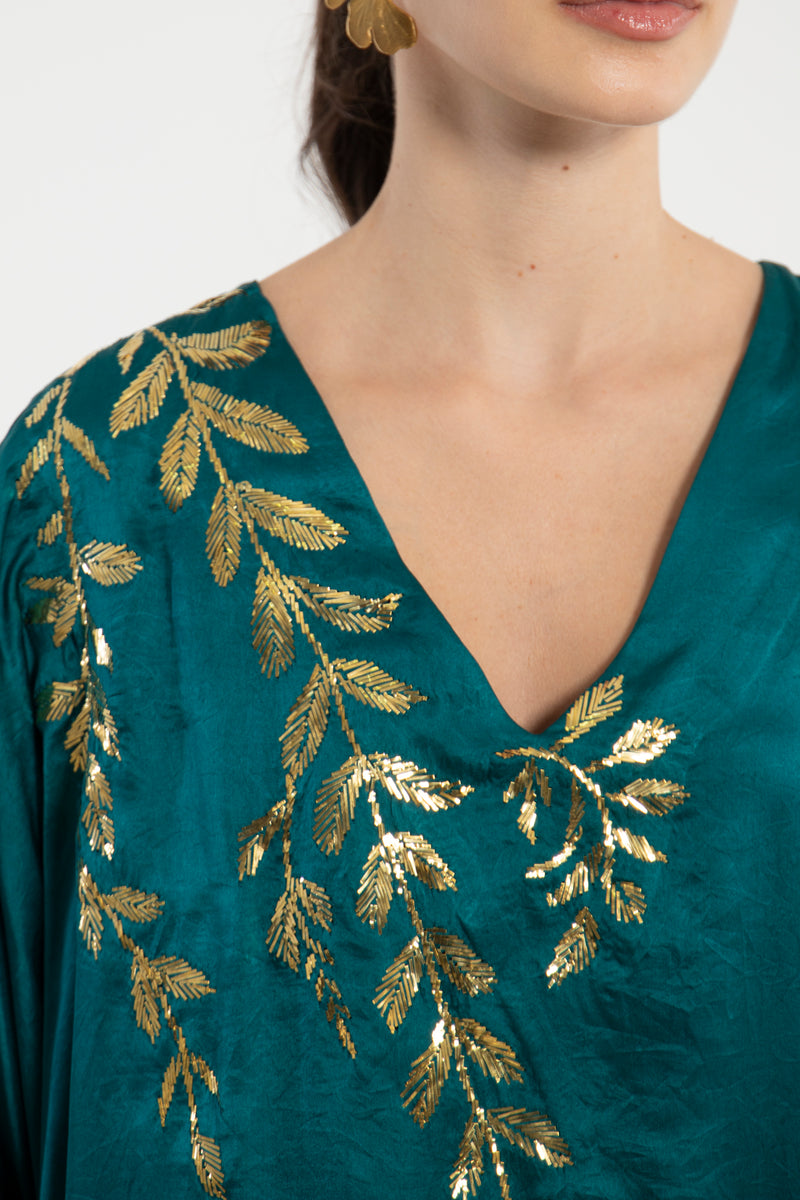Darine Silk Teal Hand Embroidered Gown
