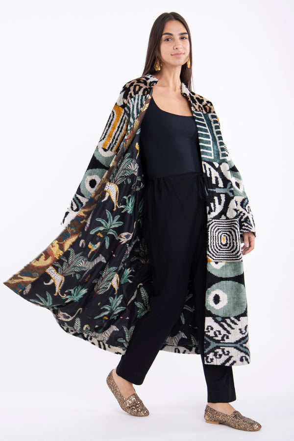 Mina Velvet Ikat Green Coat