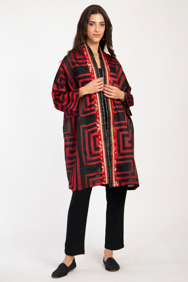 Khalida Cotton Graphic Red & Black Abaya