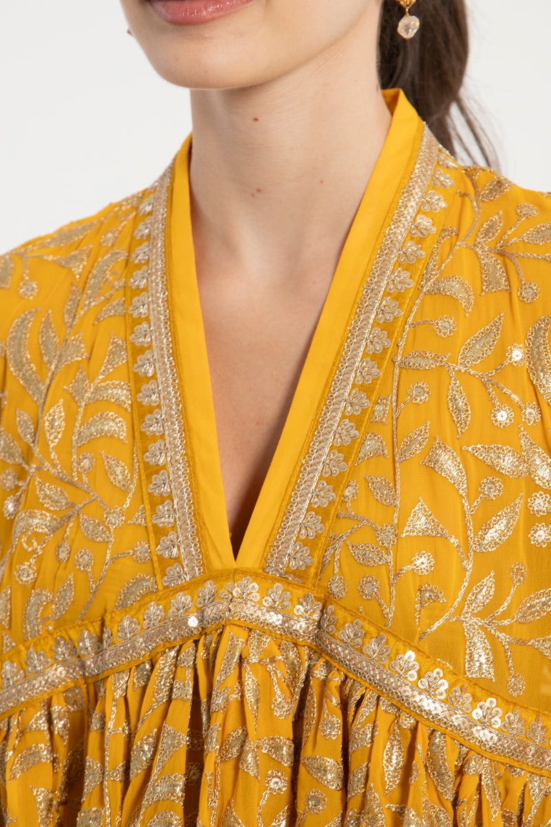 Aliaa Silk Georgette Mustard Embroidered Dress