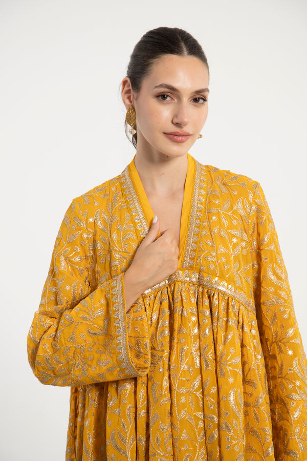 Aliaa Silk Georgette Mustard Embroidered Dress