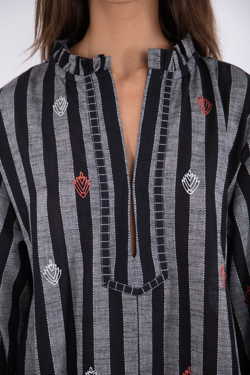 Jalila Cotton Black & Grey Embroidery Dress