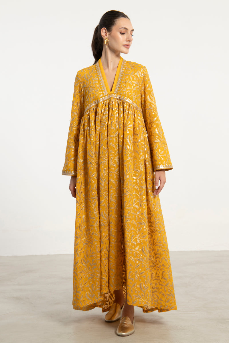 Aliaa Silk Georgette Mustard Embroidered Dress