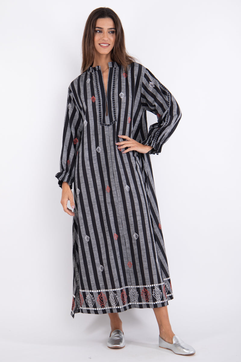 Jalila Cotton Black & Grey Embroidery Dress