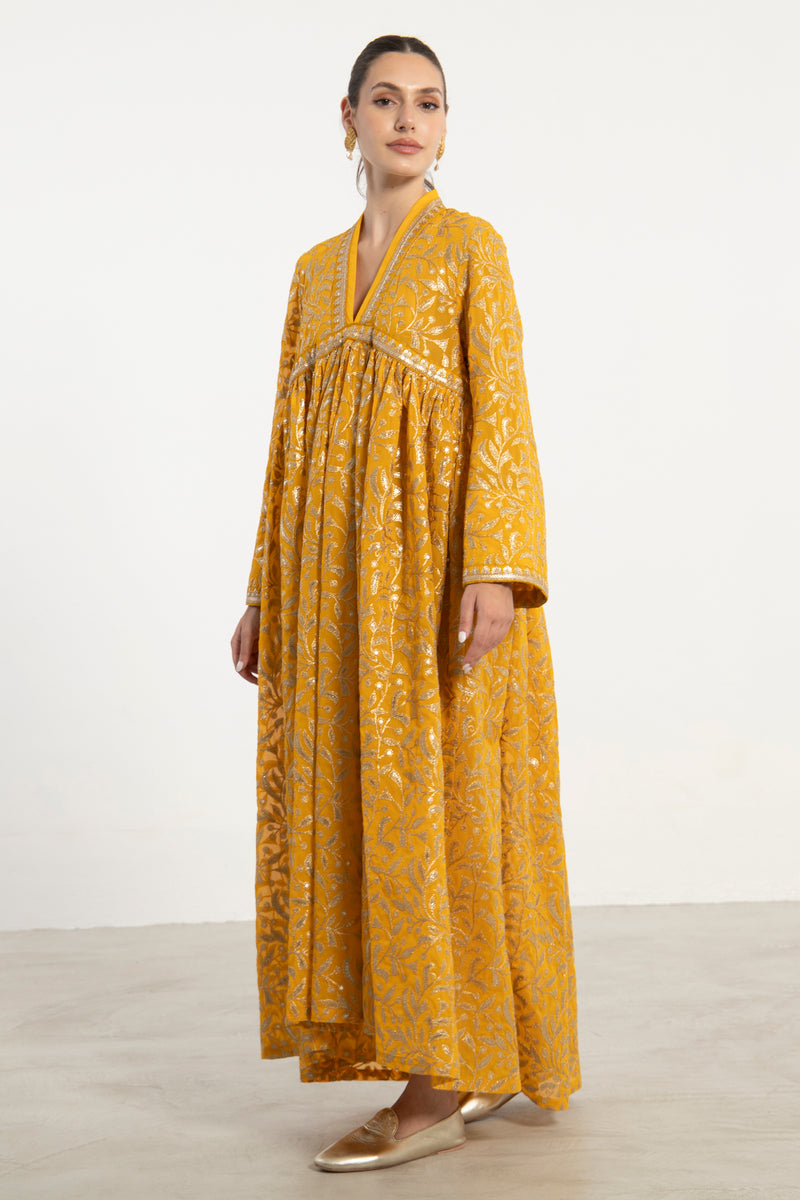 Aliaa Silk Georgette Mustard Embroidered Dress
