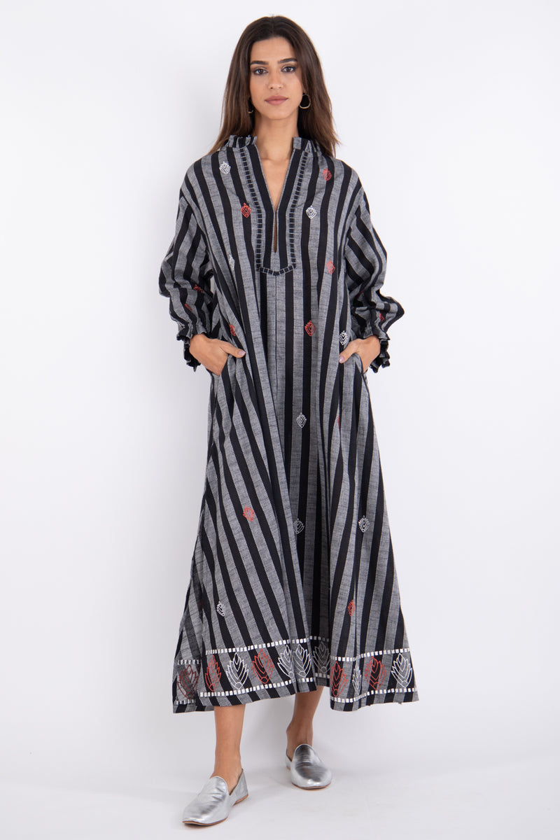 Jalila Cotton Black & Grey Embroidery Dress
