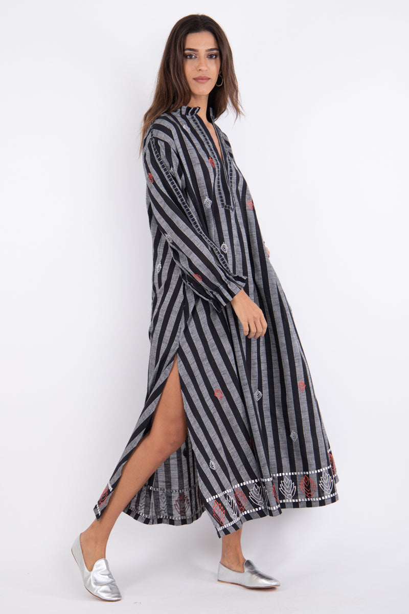 Jalila Cotton Black & Grey Embroidery Dress