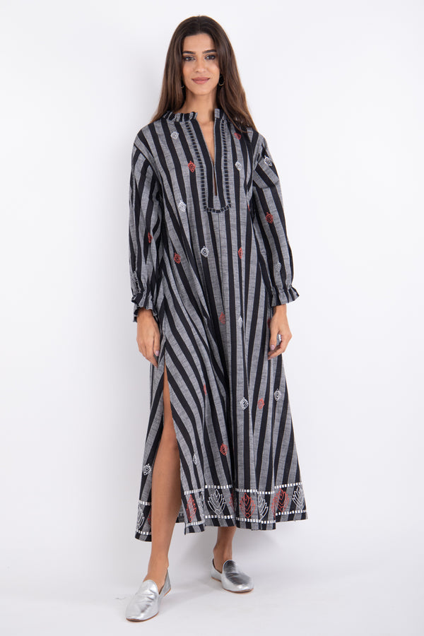 Jalila Cotton Black & Grey Embroidery Dress