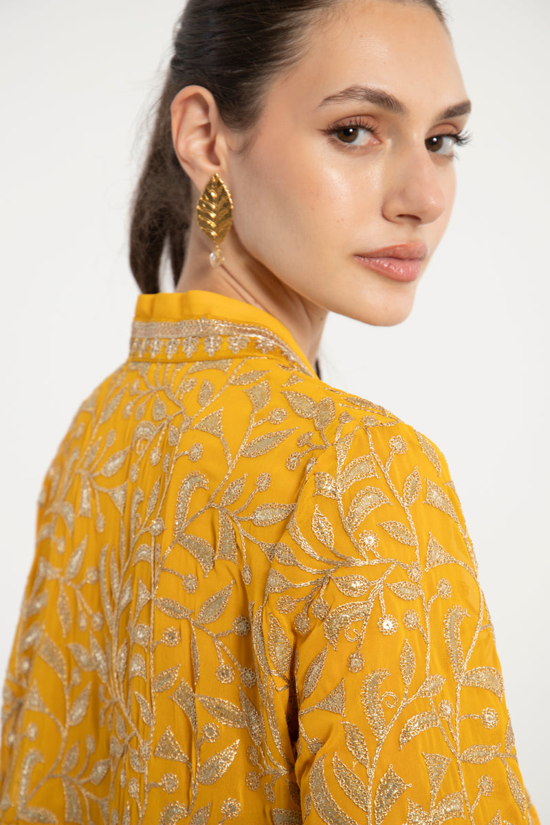 Aliaa Silk Georgette Mustard Embroidered Dress