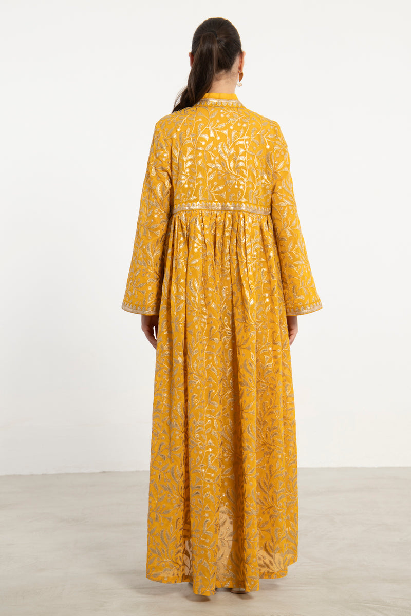 Aliaa Silk Georgette Mustard Embroidered Dress