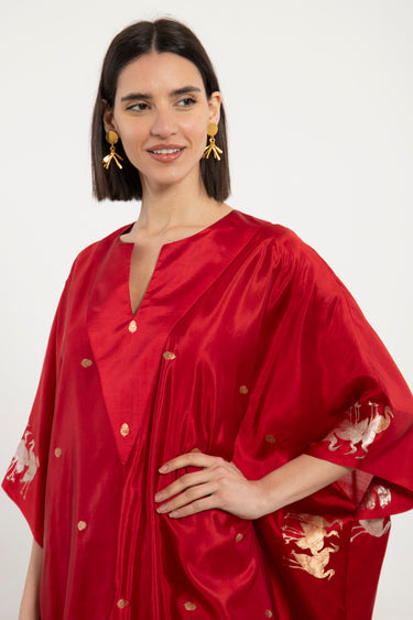 One-Of-a-Kind Tamara Silk Red Birds Kaftan