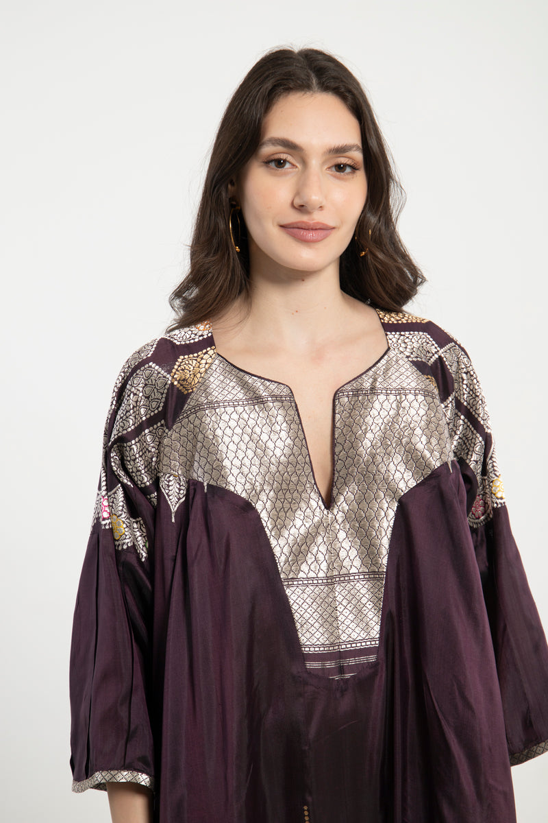 One-Of-a-Kind Rania Handwoven Silk Plum and Metallic Dress