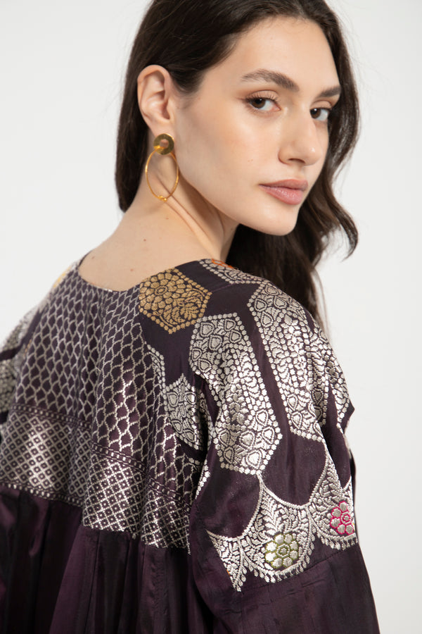 One-Of-a-Kind Rania Handwoven Silk Plum and Metallic Dress