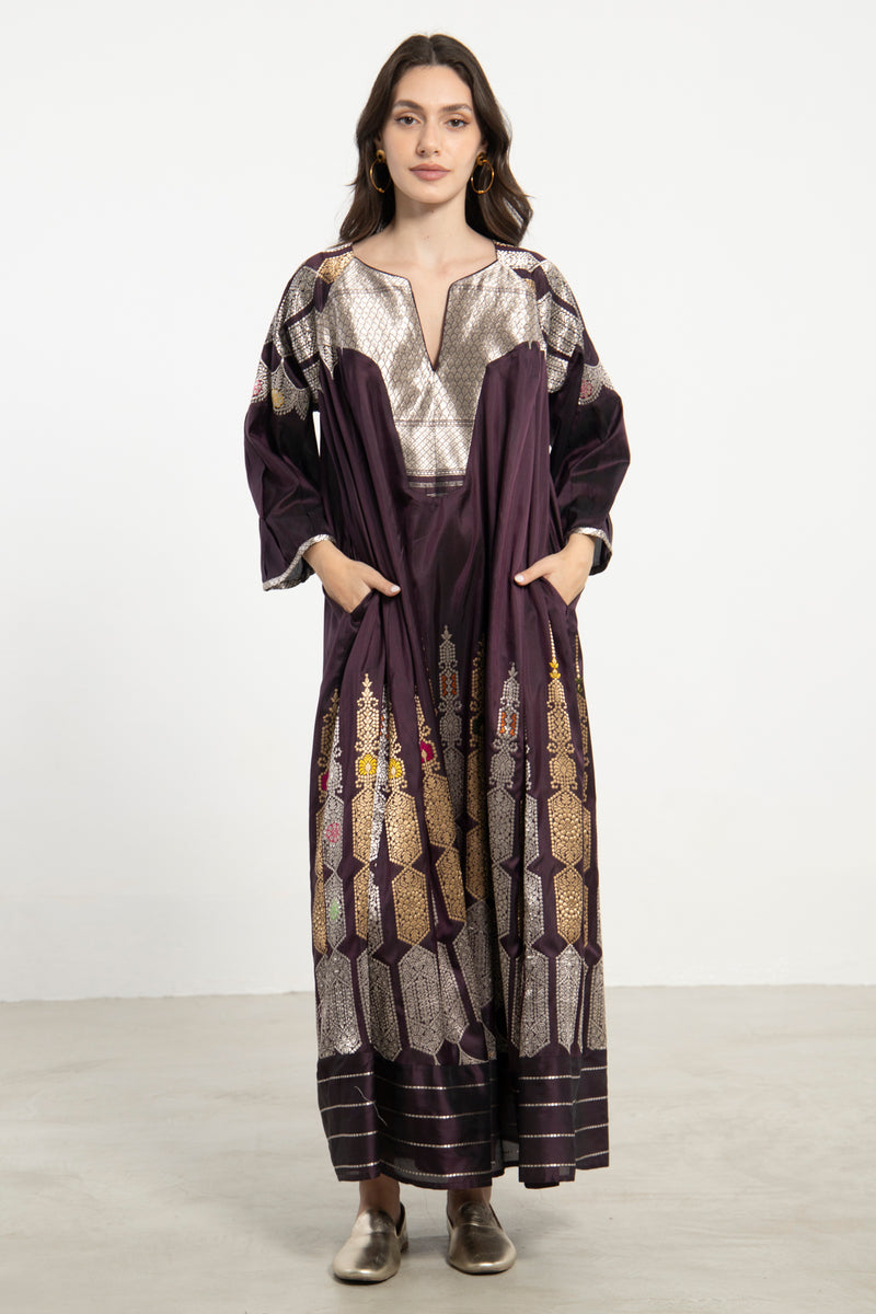 One-Of-a-Kind Rania Handwoven Silk Plum and Metallic Dress