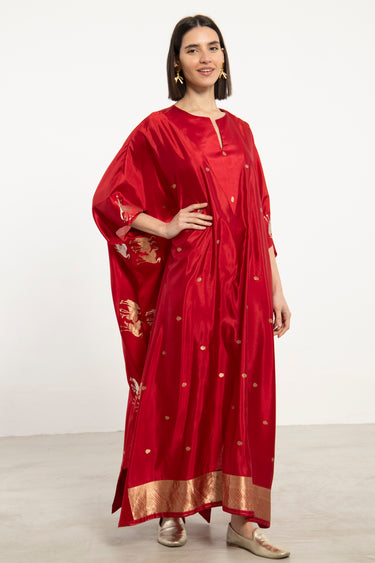 One-Of-a-Kind Tamara Silk Red Birds Kaftan
