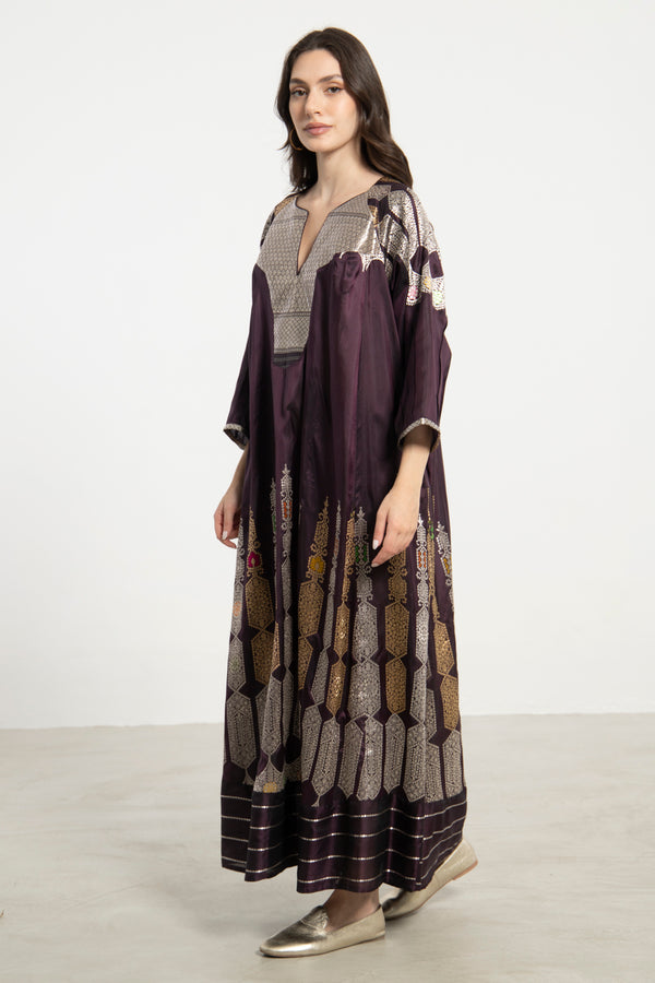 One-Of-a-Kind Rania Handwoven Silk Plum and Metallic Dress