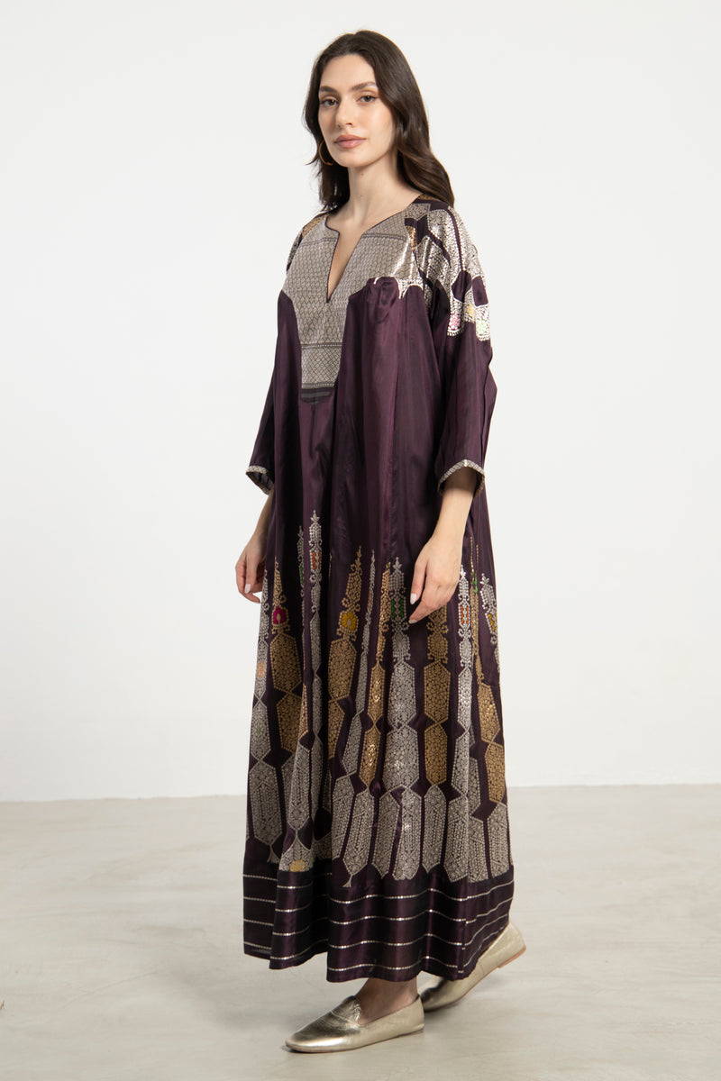 One-Of-a-Kind Rania Handwoven Silk Plum and Metallic Dress