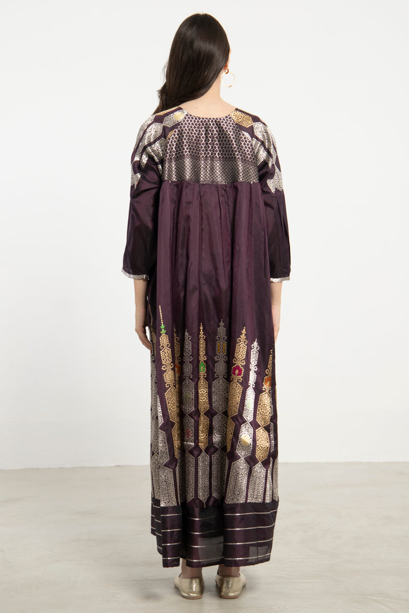 One-Of-a-Kind Rania Handwoven Silk Plum and Metallic Dress