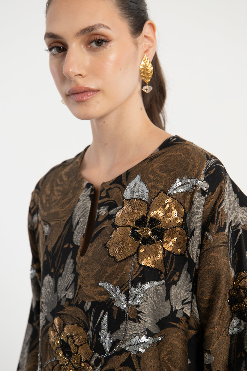 Fajer Cotton Jacquard Black & Bronze Dress