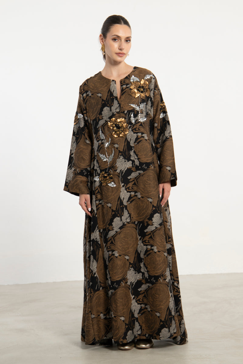 Fajer Cotton Jacquard Black & Bronze Dress