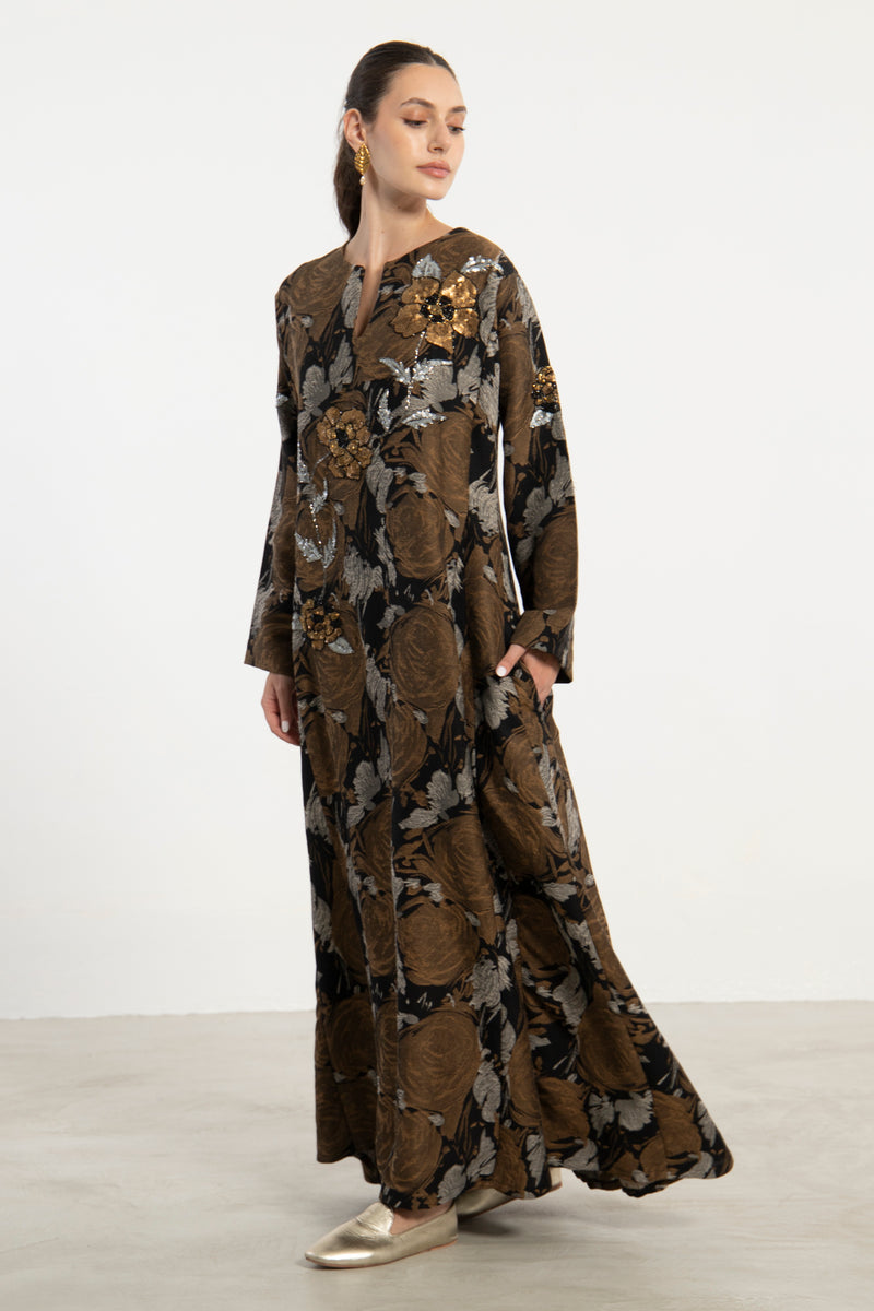 Fajer Cotton Jacquard Black & Bronze Dress