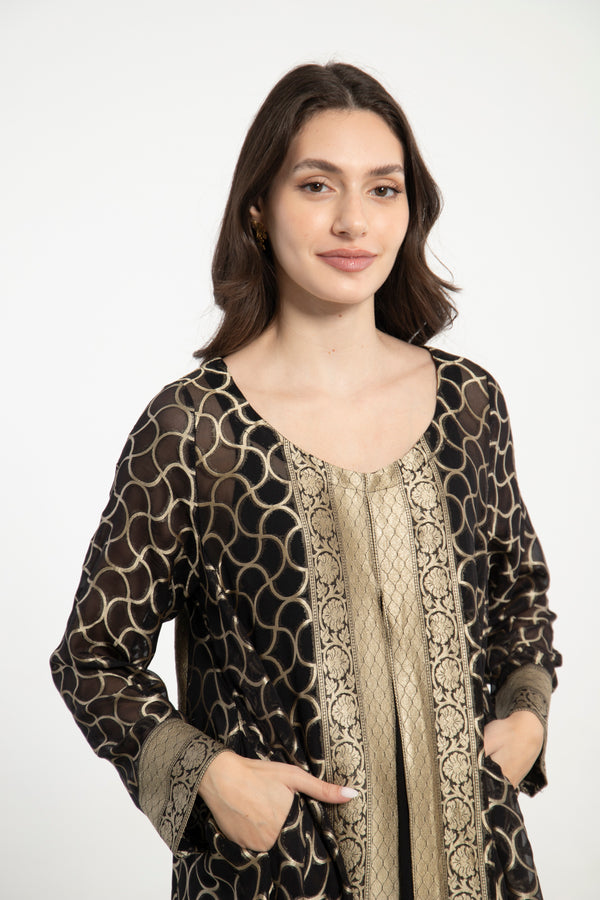 Souraya Handwoven Silk Black and Gold Dress