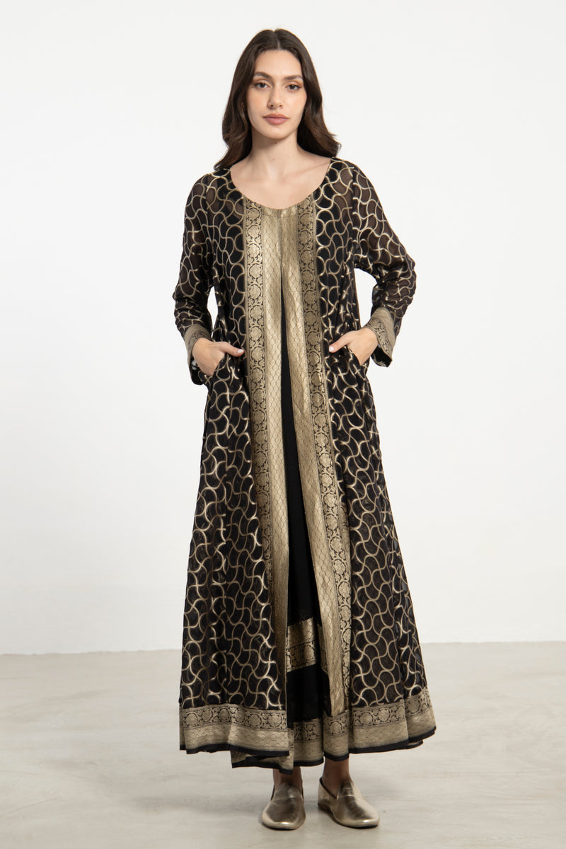 Souraya Handwoven Silk Black and Gold Dress