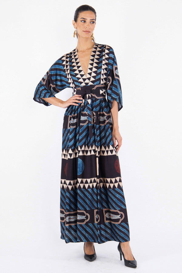 Sharifa Silk Printed Blue With Beige Dress