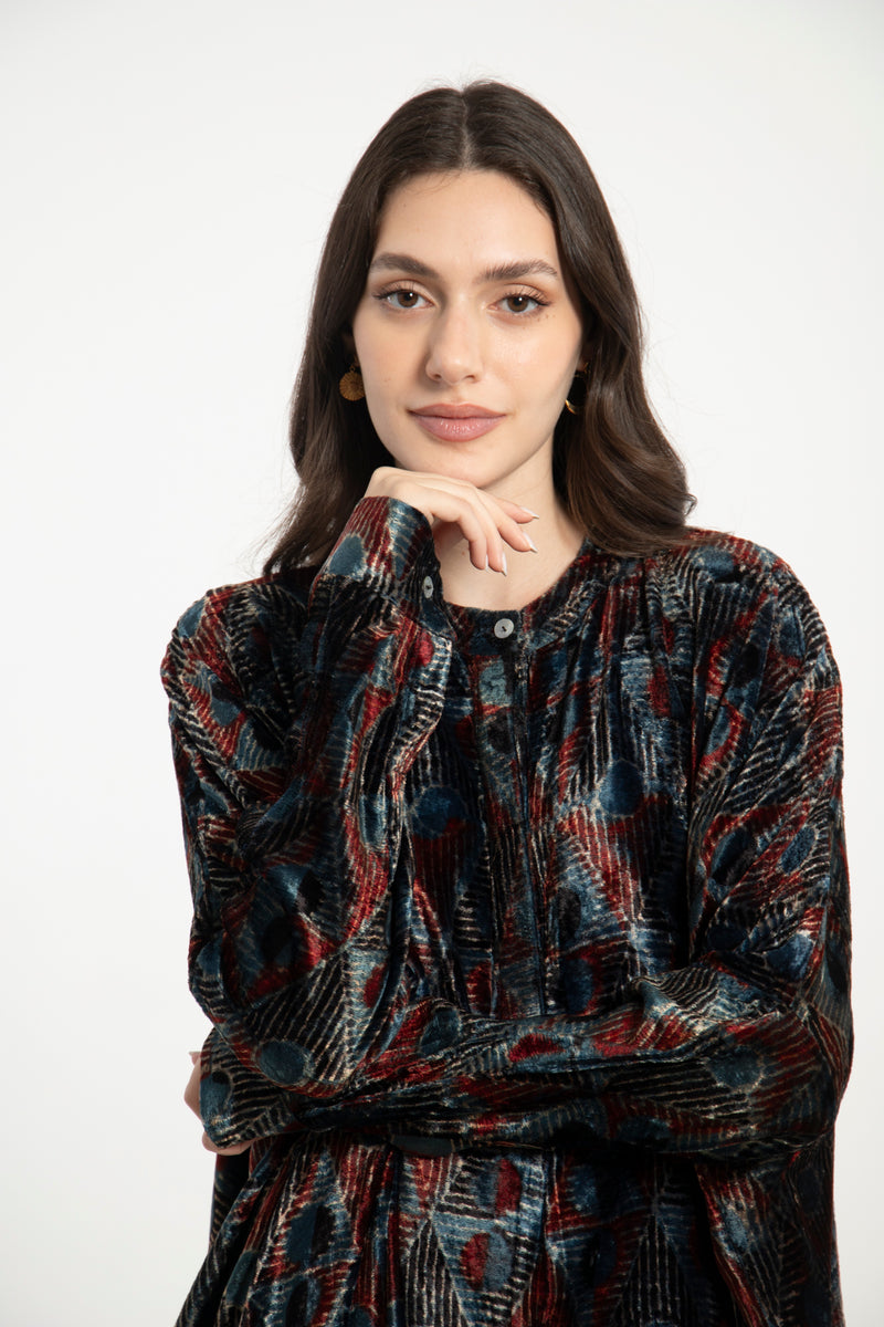 Hellen Silk Velvet Geometric Print Dress