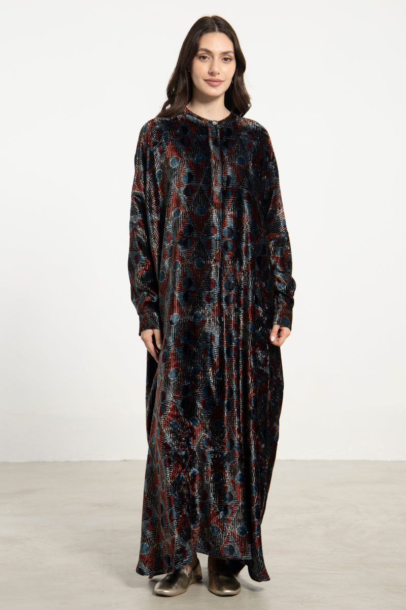 Hellen Silk Velvet Geometric Print Dress