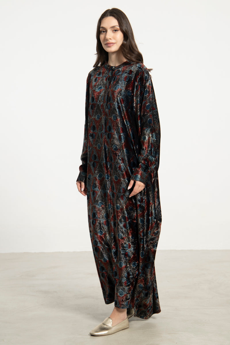 Hellen Silk Velvet Geometric Print Dress