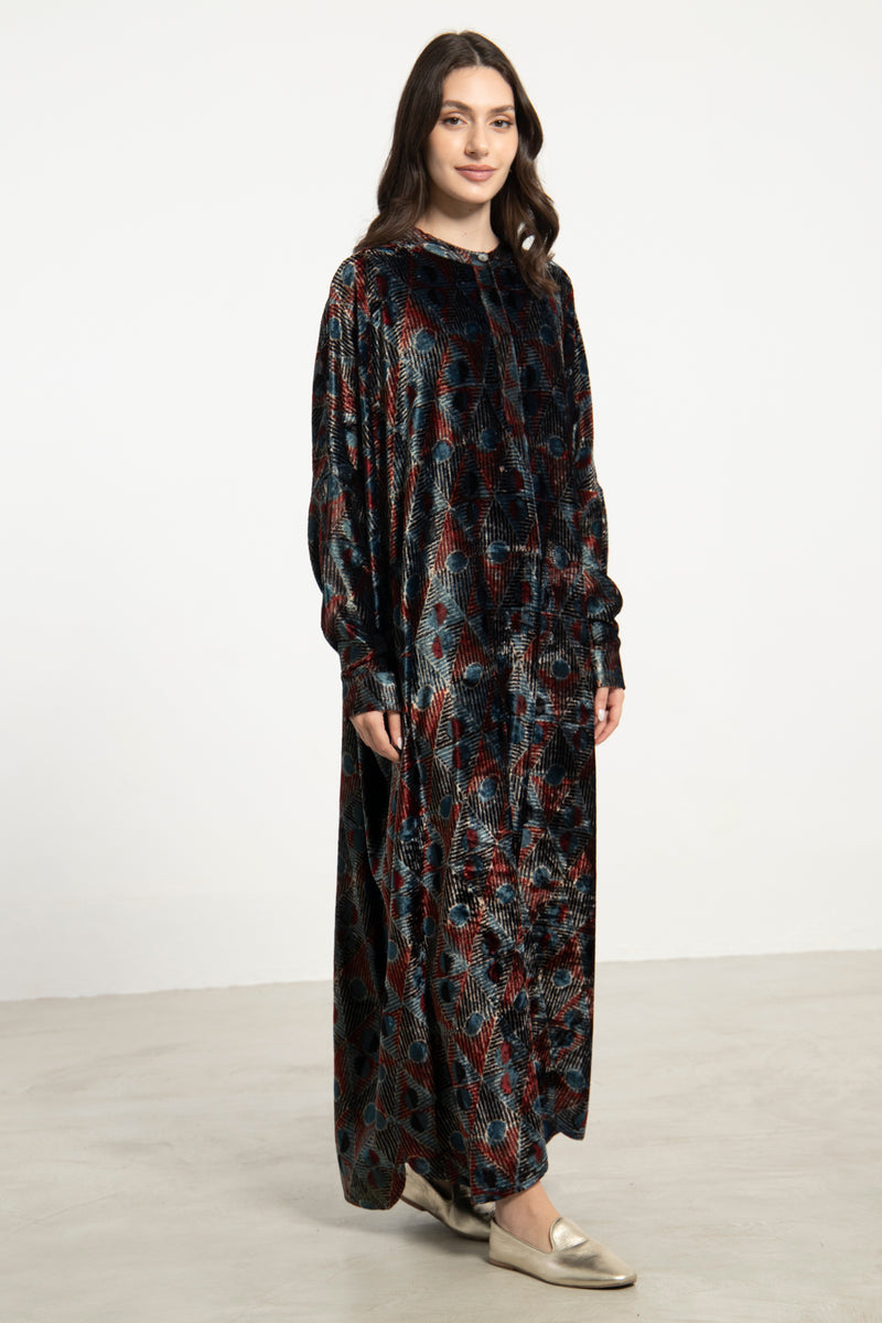 Hellen Silk Velvet Geometric Print Dress