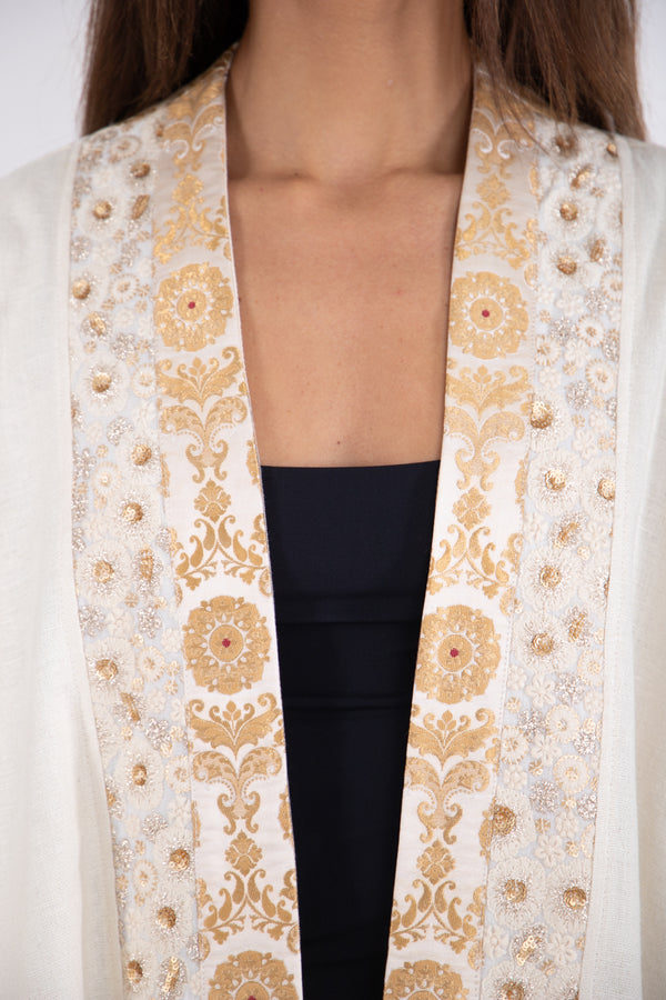 Yasma Silk Brocade White Abaya
